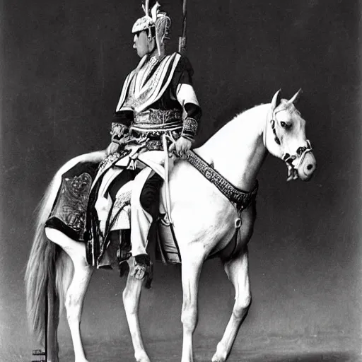 Image similar to white and black 1 8 0 0 photography of gengis khan on his horse after the conquest of china, realistic, foggy, china, post - apocalyptic, photo, photograph, high detailed, camera
