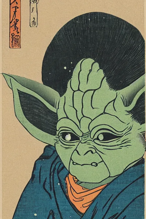 Prompt: Japanese woodblock print of Yoda, Hokusai