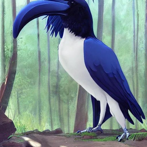 Image similar to concept art painting of an anthropomorphic albino raven wearing dark blue robes, in the deep forest, realistic, detailed, cel shaded, in the style of makoto shinkai and greg rutkowski and james gurney