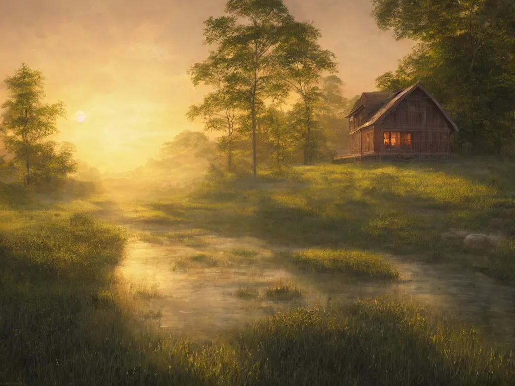 Image similar to a oil painting of a serene landscape with a singular wooden house at sunrise, concept art, octane render, unreal engine 5, trending on deviantart, highly detailed, high quality, oil painting, digital painting l, masterpiece, hyperrealistic, breathtaking landscape, soft lighting, godrays, complementary colors, natural lighting