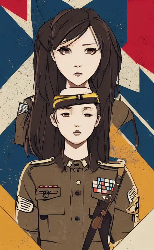 Prompt: T-shirt design, portrait of soldier girl, 2022 anime style, clean logo, graphic templates, flight squadron insignia, vintage colors, soldier clothing, realistic military gear, inspired by shirt designer, made in blender, no background, vector line art, by ilya kuvshinov, trending on teemill, symbology, realistic human anatomy, high resolution, matte, empty hands, realistic military carrier