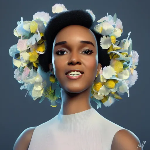 Prompt: portrait of a smiling beautiful black woman who looks like janelle monae and erika alexander with big fluffy afro surrounded by flower petals by argerm and by alphonse mucha, face by wlop, trending on artstation, octane render