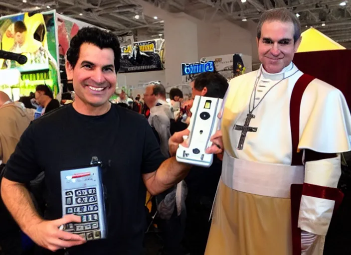 Image similar to tommy tallarico posing with the pope holding an intellivision controller at electronic gaming expo