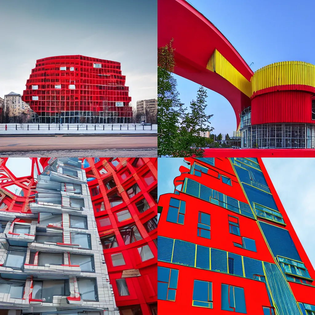 Prompt: russian deconstrucvist architecture in red, yellow, and blue