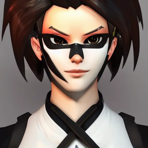 Image similar to tracer overwatch wearing black choker, dark makeup, feminine facial features, detailed eyes, detailed face, 4 k,