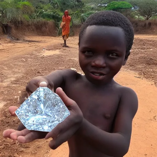 Image similar to poor kid in africa, finding a huge diamond and picking it up in his hand, looking impressed and amazed