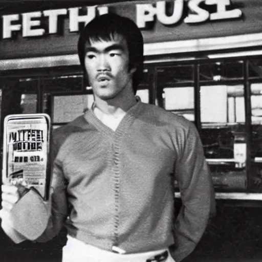 Image similar to 8 k vintage portrait photograph of bruce lee standing inside of a detailed and busy wafflehouse