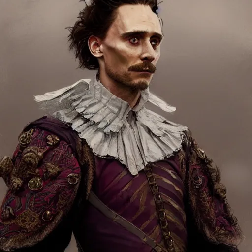 Prompt: a man wearing a doublet, tom hiddleston, painted fantasy character portrait, highly detailed, digital painting, artstation, concept art, sharp focus, illustration, art by artgerm and greg rutkowski and alphonse mucha