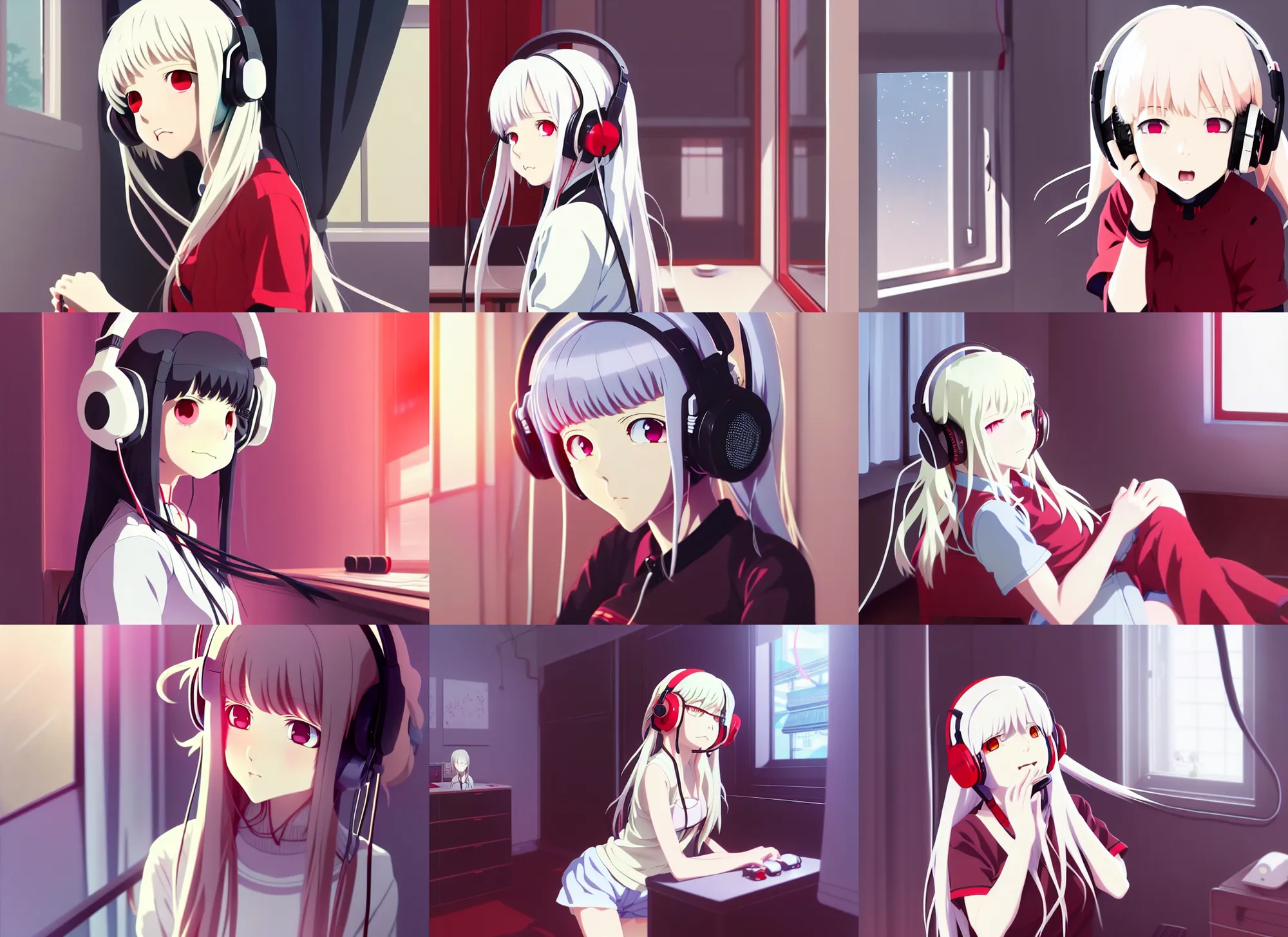 Image similar to anime visual of a cute girl, with red eyes!!!! and long white hair!!!! wearing a headset in her room interior, anime art by ilya kuvshinov, studio ghibli, katsuhiro otomo, flat, high quality, 4 k