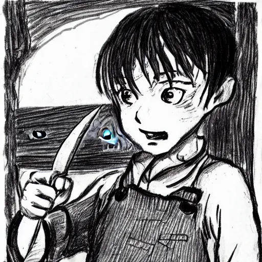 Image similar to a young boy holds a butcher's knife in their hand, anime style, drawn in black pen ink sketch