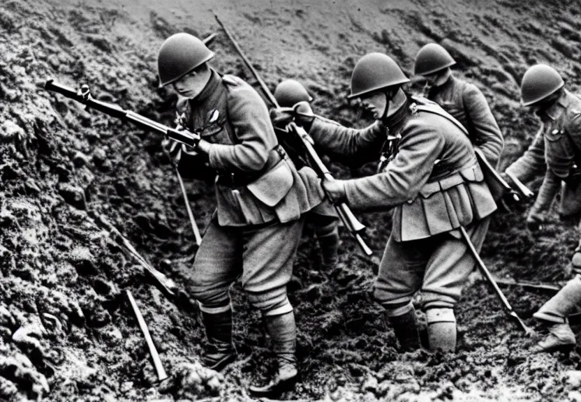 Image similar to detailed photo of queen elizabeth ii fighting in the trenches in ww 1