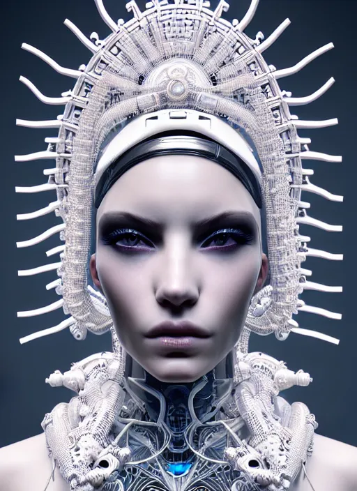 Image similar to portrait of an absurdly beautiful, graceful, sophisticated, fashionable cyberpunk mechanoid, hyperdetailed illustration by irakli nadar and alexandre ferra, intricate linework, white porcelain skin, faberge, fractal ivory headdress, unreal engine 5 highly rendered, global illumination, radiant light, detailed and intricate environment