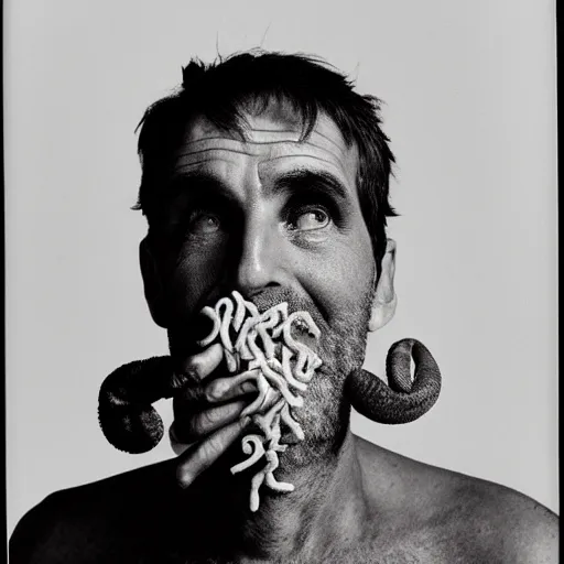 Prompt: realistic award winning photograph of middle aged man with worms coming out of his nose as shot by richard avedon