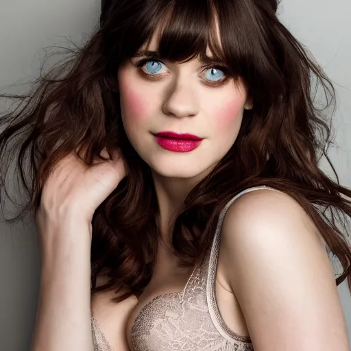 Image similar to Zooey Deschanel modeling in Victoria's Secret, make-up, XF IQ4, f/1.4, ISO 200, 1/160s, 8K, RAW, unedited, symmetrical balance, in-frame, Facial Retouch