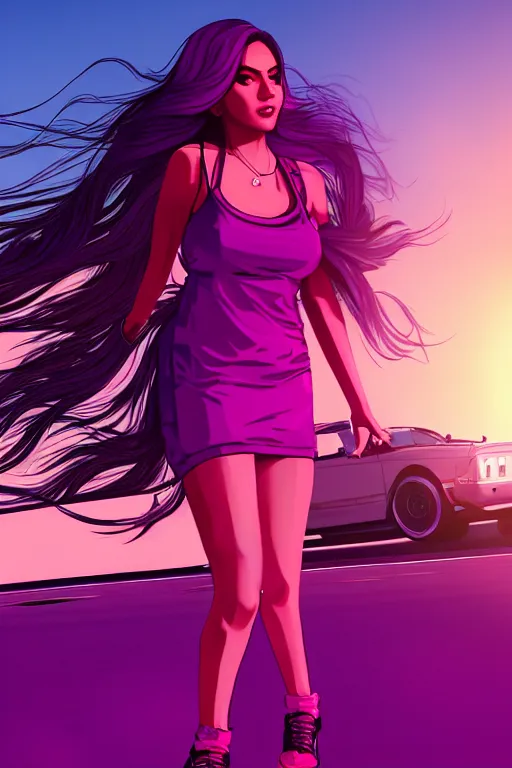 Prompt: a stunning GTA V loading screen with a beautiful woman with ombre purple pink hairstyle, hair blowing in the wind, sunset mood, outrun, vaporware, retro, digital art, trending on artstation