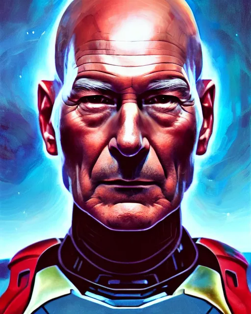 Image similar to a highly detailed portrait of Sir Patrick Stewart as Iron Man, heroic pose, by greg rutkowski and android jones in a surreal portrait style, oil on canvas, ancient cyberpunk 8k resolution, masterpiece