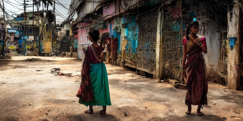 Image similar to sri lankan cyberpunk girl, film still, epic shot cinematography, rule of thirds, colorful, sci - fi tech style