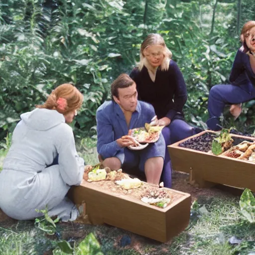 Image similar to humans on the floor eating out of a trough in an organic plant - based moonbase