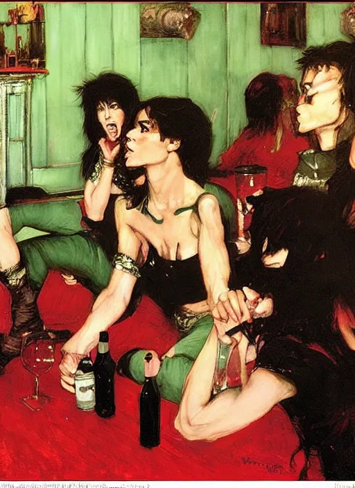 Prompt: glam rockers drinking brutal and raw wine, inside a green room with red lights by john william waterhouse, phil hale, extremely detailed