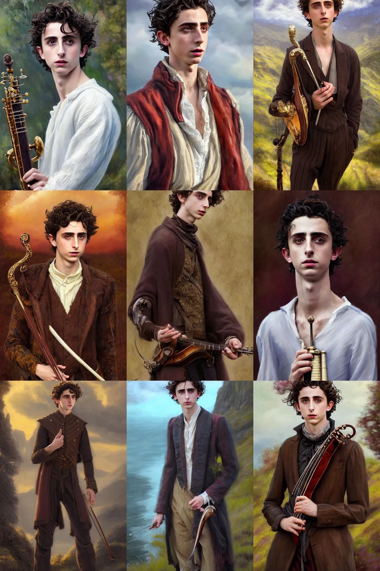 Prompt: a full body high detail fantasy portrait oil painting illustration of timothee chalamet as an elegant male bard by justin sweet with face and body clearly visible, in a scenic background, visible pupils, realistic proportions, d & d, rpg, forgotten realms, artstation trending, high quality, sombre mood, artstation trending, muted colours, entire person visible!