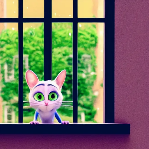 Prompt: a happy cat with big eyes looking for a cup of coffee in beautiful morning at a house window, viewed from outside. Pixar Disney 4K 3d render funny animation movie Oscar winning trending on ArtStation and Behance. Ratatouille style.