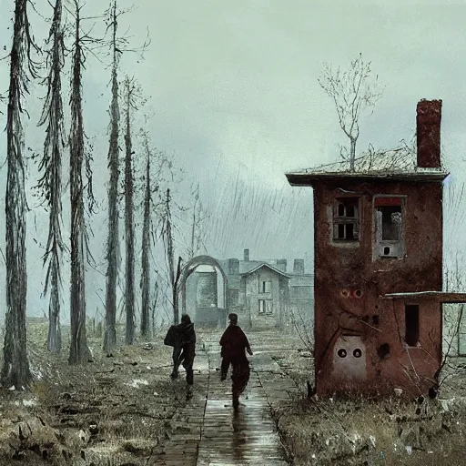 Image similar to painting of a abandoned post soviet town infested with humanoid root monsters by jakub rozalski