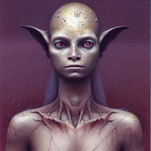 Prompt: portrait of ethereal 15 years old goblin princess in golden armour by Beksinski