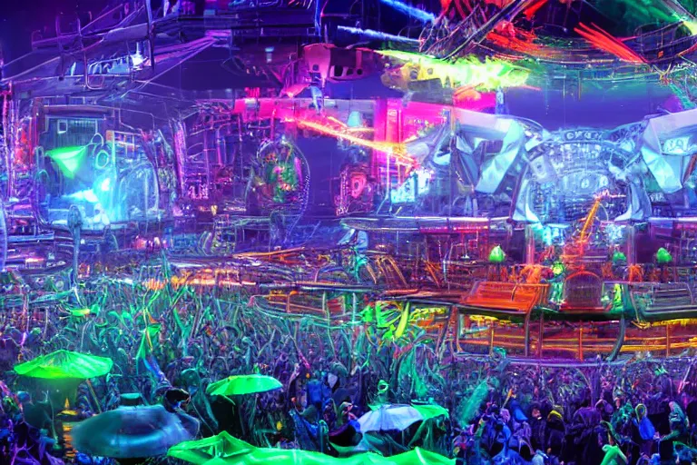 Image similar to a huge outdoor festival stage, center of the stage is a huge futuristic steampunk generators surrounded by steampunk machinery with huge loudspeakers, rock musicians on the stage, laser show, 8 k, fluorescent colors, halluzinogenic, multicolored, exaggerated detailed, unreal engine