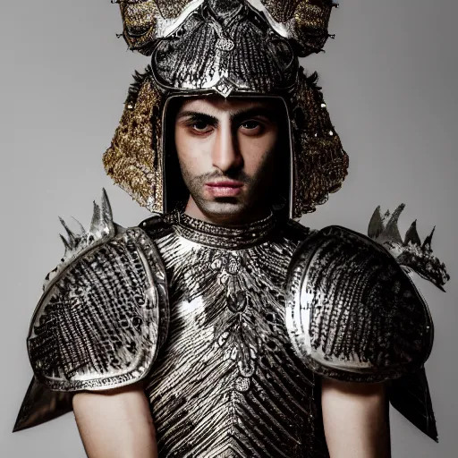 Image similar to a portrait of a beautiful young persian male wearing an alexander mcqueen armor made of quartz , photographed by andrew thomas huang, artistic