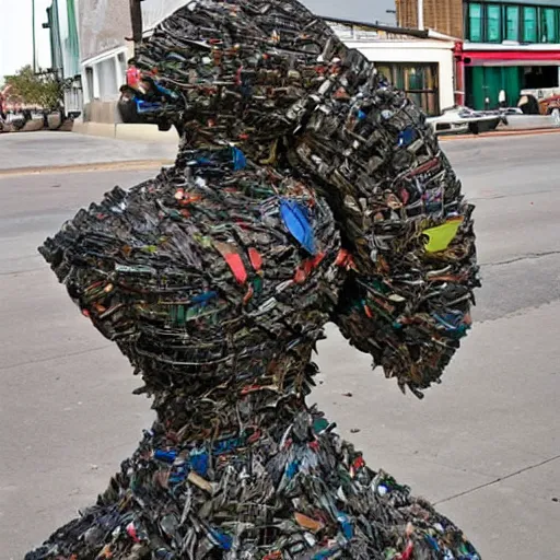 Image similar to A sculpture a 💃 made pure recycle materials trash, By Steve belledin