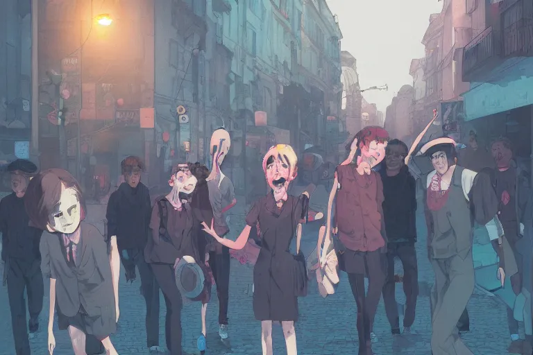 Image similar to a group of zombies hanging out in the streets of Buenos aires at night, muted colors, matte print, pastel colors, ornate, digital art, cute smile, digital painting, fan art, elegant, pixiv, by Ilya Kuvshinov, by Studio Ghibli