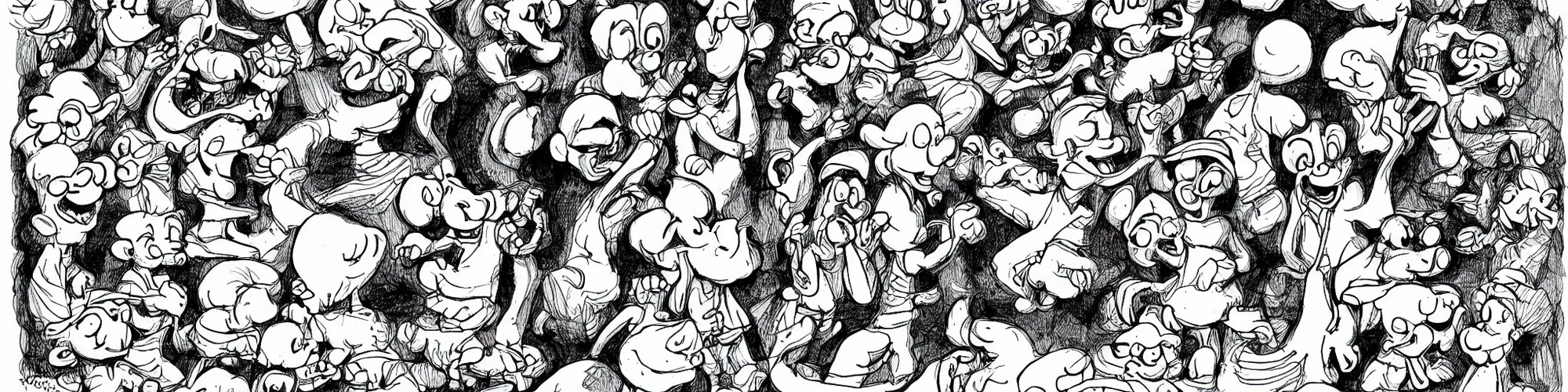 Image similar to smurfs and long whitr bones black and white, line art, pen & ink drawing