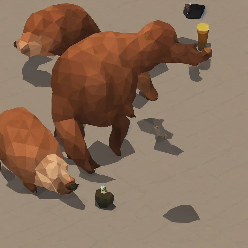 Prompt: capybara drinking beer, low poly art