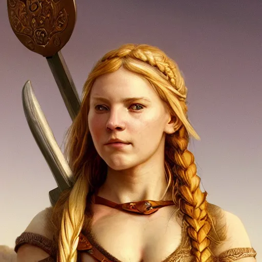 Prompt: A full view image of a viking shield maiden, with a spear and shield, at golden hour by Ruan Jia and Mandy Jurgens and Artgerm and william adolphe bouguereau, highly detailed, trending on artstation, award winning, H 768