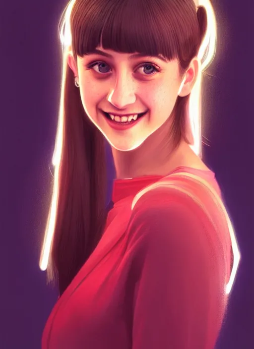 Image similar to portrait of teenage lili reinhart with bangs, smiling kindly, bangs, 1 9 6 0 s, ponytail, bangs and ponytail, intricate, elegant, glowing lights, highly detailed, digital painting, artstation, concept art, smooth, sharp focus, illustration, art by wlop, mars ravelo and greg rutkowski