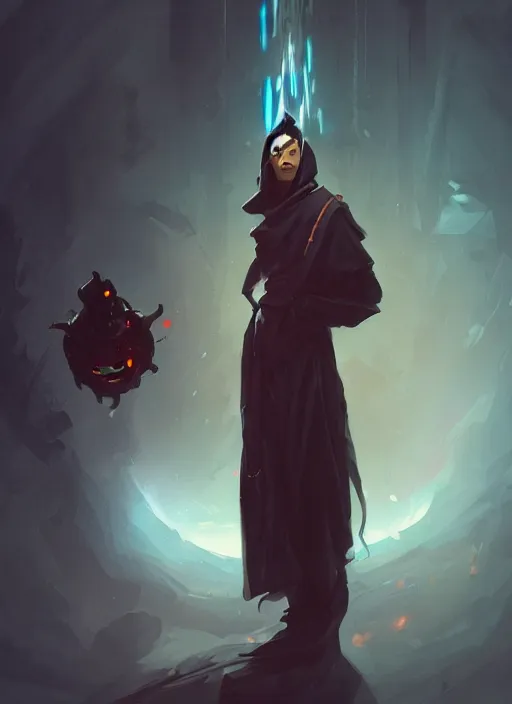 Image similar to concept art of a character with a black robe, glowing eye, digital art, trending on artstation, peter mohrbacher and greg rutkowski