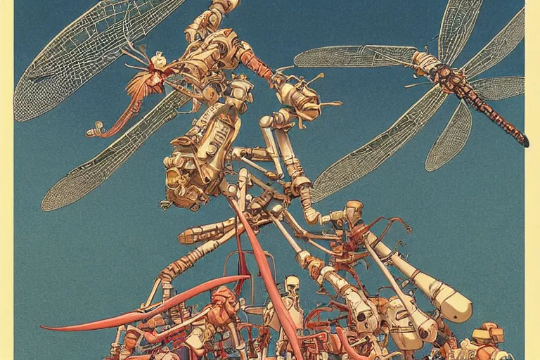 Image similar to gigantic dragonflies with human faces catch tiny robots, a lot of exotic mechas robots around, human heads everywhere, risograph by kawase hasui, dirtyrobot, edward hopper, satoshi kon and moebius, colorful flat surreal design, super - detailed, a lot of tiny details, fullshot