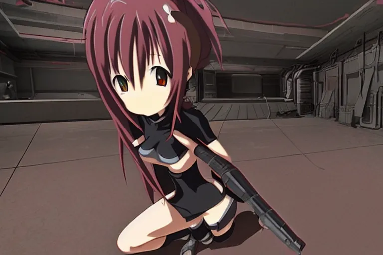 Image similar to an anime girl in a screenshot of the video game doom, the anime girl is crouching