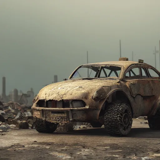 Image similar to car made out of scrap parts in a apocalyptic wasteland, 3d render, Unreal Engine, octane render, ray tracing, Unity, highly detailed, high quality, HD, 4k, 8k, realistic, sharp, trending