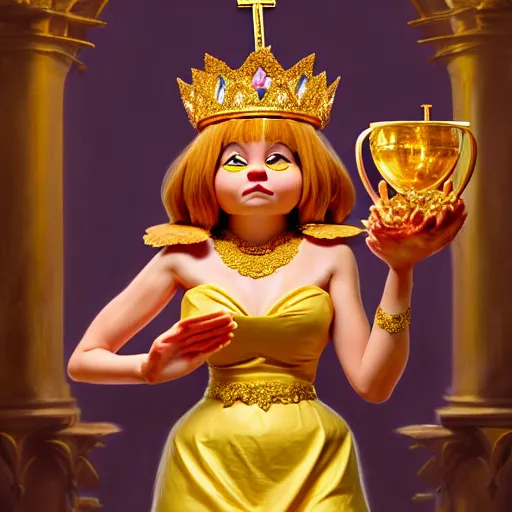 Prompt: fullbody!! personification of garfield the cat as a goddess holding lasagna wearing a crown of gleaming gems, stunning, hyperrealistic, trending on artstation, smooth and sharp, intricate, fine details, elegant, religious, dynamic pose, detailed and intricate environment, professional character concept art by tatyana kupriyanova and greg rutkowski and raymond swanland