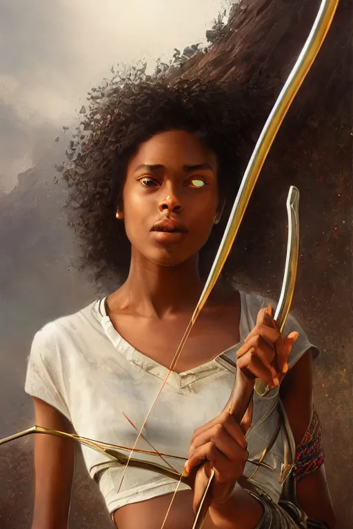 Image similar to artstation concept of a beautiful girl holding a bow and arrow, brown skin, sweaty skin, symmetrical face, casual white garment, white desert background, shiny colorful, hyperdetailed, artstation trending, world renowned artists, worth1000.com, cgsociety, by greg rutkowski, by Gustave Doré, Deviantart