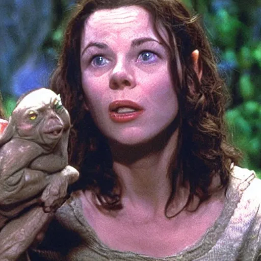 Image similar to lorelai gilmore in lord of the rings kissing gollum