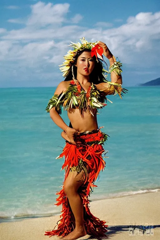 Image similar to female hawaiian hula dancer on beach by kim taylor reece, haunani veruschka von lehndorff, franco rubartelli, vogue landscape photo