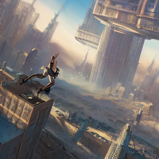 Prompt: Action shot of a young man jumping over an advanced high tech Sci fi bustling steampunk city with flying air ships over it and tall glass buildings located in a sand desert, bright sunny day blue sky, digital painting, artstation, matte painting, highly detailed, intricate, concept art, game art, octane render, 8k, unreal engine