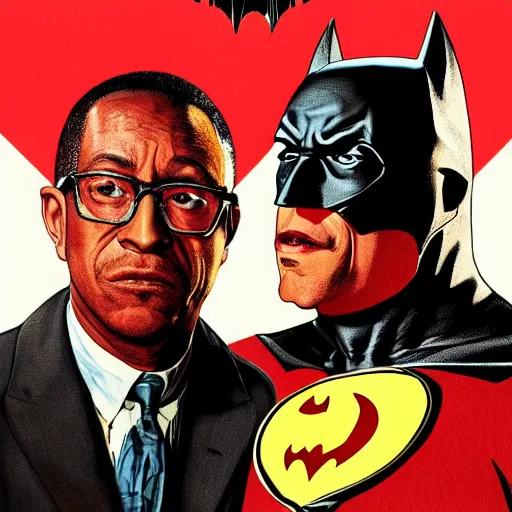 Image similar to batman versus gus fring, poster, movie poster, facing each other, side angle, imax, highly detailed, cel-shaded