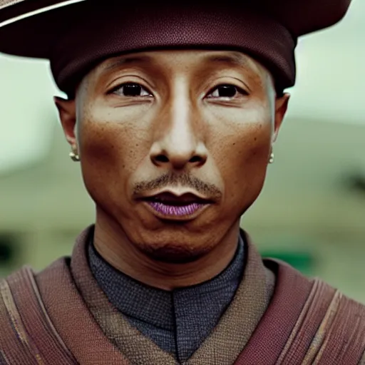 Image similar to cinematic film still Pharrell Williams starring as a Samurai holding fire, Japanese CGI, VFX, 2003, 40mm lens, shallow depth of field,film photography