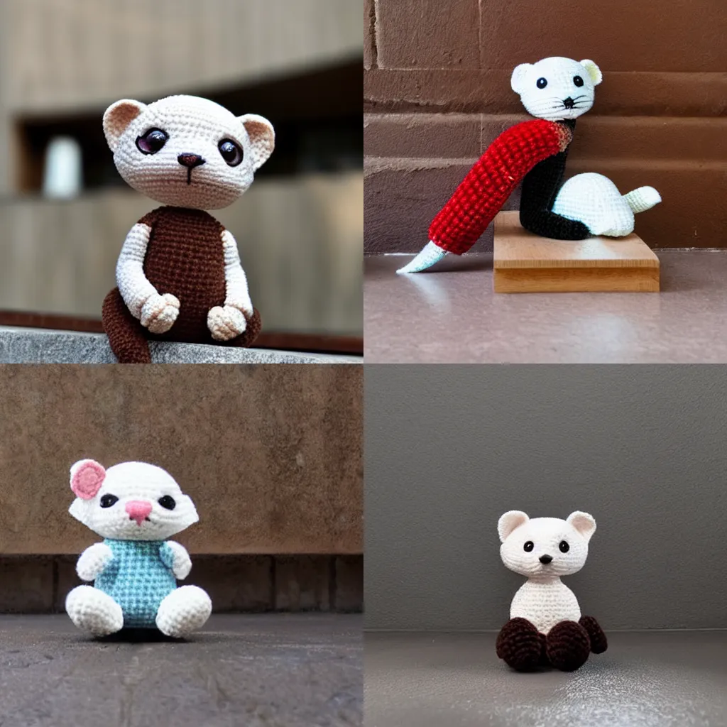 Prompt: an adorable ferret crochet plushie in a brutalist playset on a table