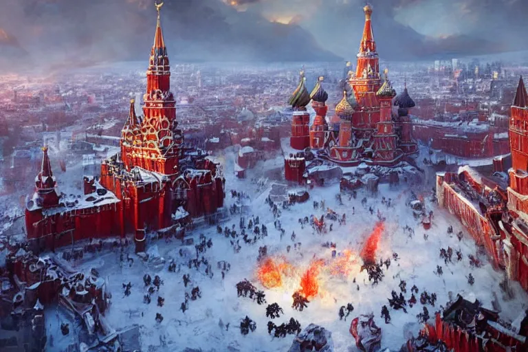 Image similar to Masterpiece Painting of the Giant Epic Dragon Nest from Game of Thrones in the center of Red square, Russia, Moscow, by Greg Rutkowski, artstation,