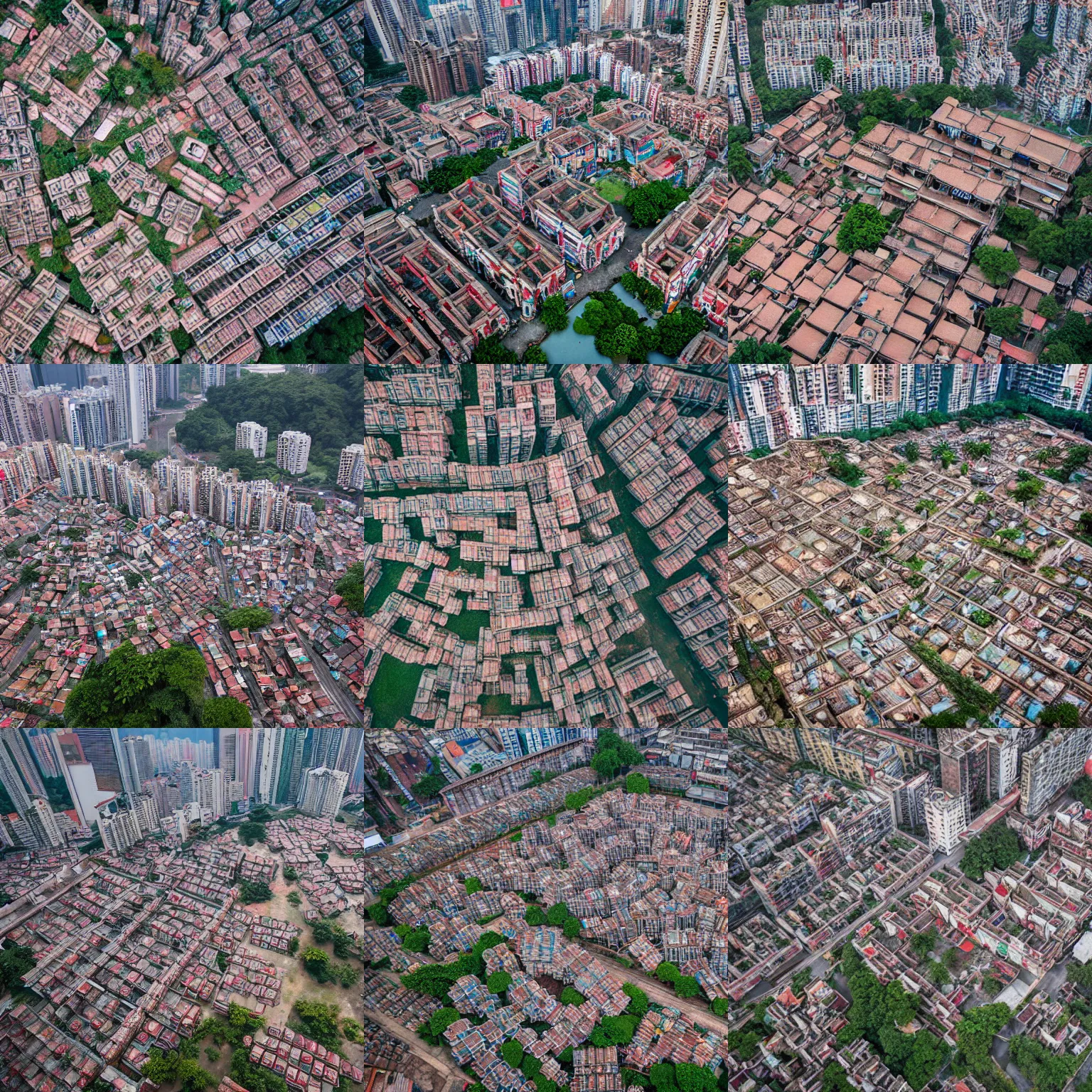 Prompt: drone view of kowloon walled city