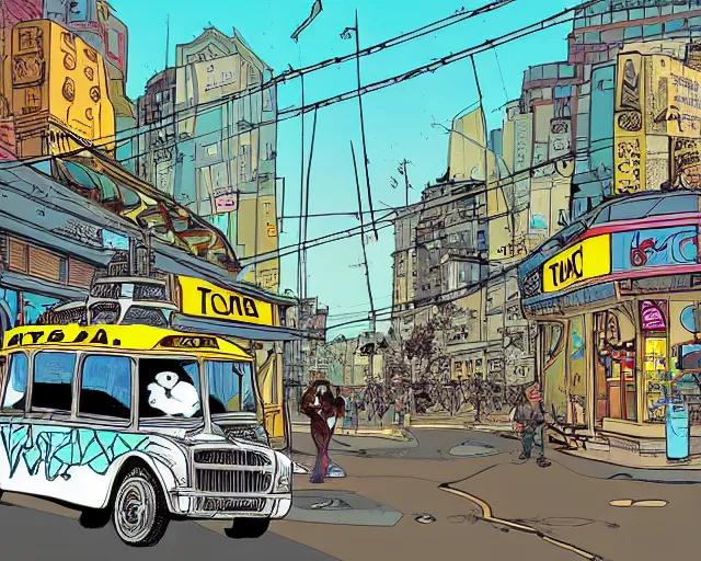 Image similar to a study of cell shaded cartoon of a taxi can infront of a store front, road, illustration, vivid colors, post grunge, concept art by josan gonzales and wlop, by james jean, Victo ngai, David Rubín, Mike Mignola, Laurie Greasley, highly detailed, sharp focus, alien, Trending on Artstation, HQ, deviantart, art by artgem